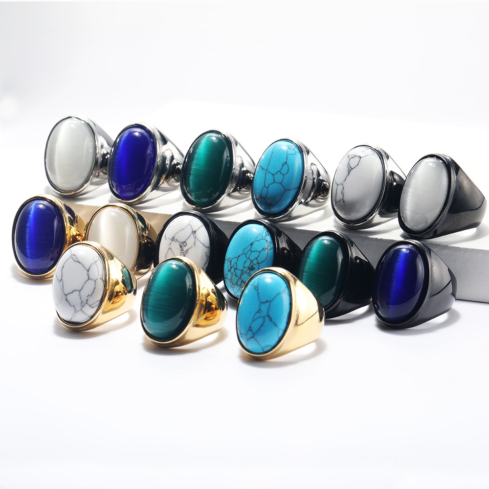 23g Weight Natural Stone Inlay Material Rings Classification 1 Piece Quantity Holiday, Street Occasion Titanium Steel Material Round Pattern Men's Gender Inlay Design Hip-Hop Style Hip-Hop Round Titanium Steel Inlay Natural Stone Men's Rings 4