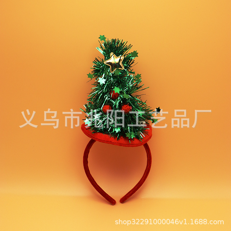 RL520 Navidad diadema de terciopelo dorado + tela brillante seda pegajosa estrella de cinco puntas bola luminosa árbol de Navidad sombrero diadema