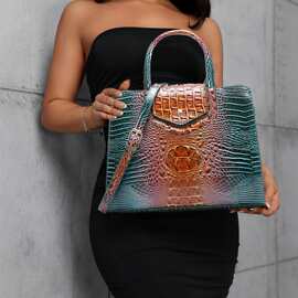 欧美跨境亚马逊独立站复古手提斜挎女包包子母包炫彩鳄鱼纹婆罗门