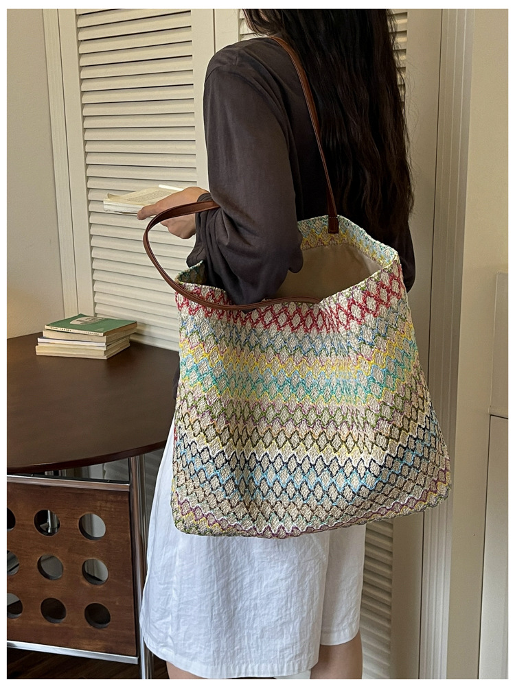 Women's Large Woven Tote Bag Shoulder Bag With Contrast Texture_voghion.com