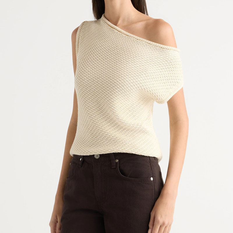 Cross-Border European and American Independent Website Asymmetric Off-Shoulder Knitted Sleeveless Top Summer Slim-Fit Pullover Off-Shoulder Sweater Cross-Border European and American Independent Website Asymmetric Off-Shoulder Knitted Sleeveless Top Summer Slim-Fit Pullover Off-Shoulder Sweater