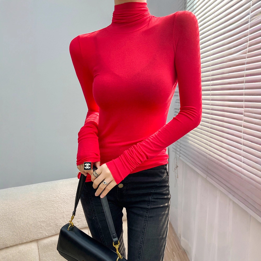 高领打底衫女2025新款秋冬红色薄款内搭高级感推堆领微透打底上衣