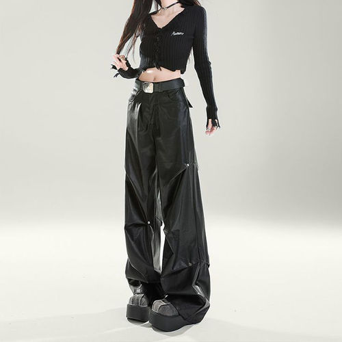 Black High-Waisted Slim Wide Leg Leather Pants for Women, Fashion Design, Unique, Floor-Length Pants for Spring and Autumn 2025