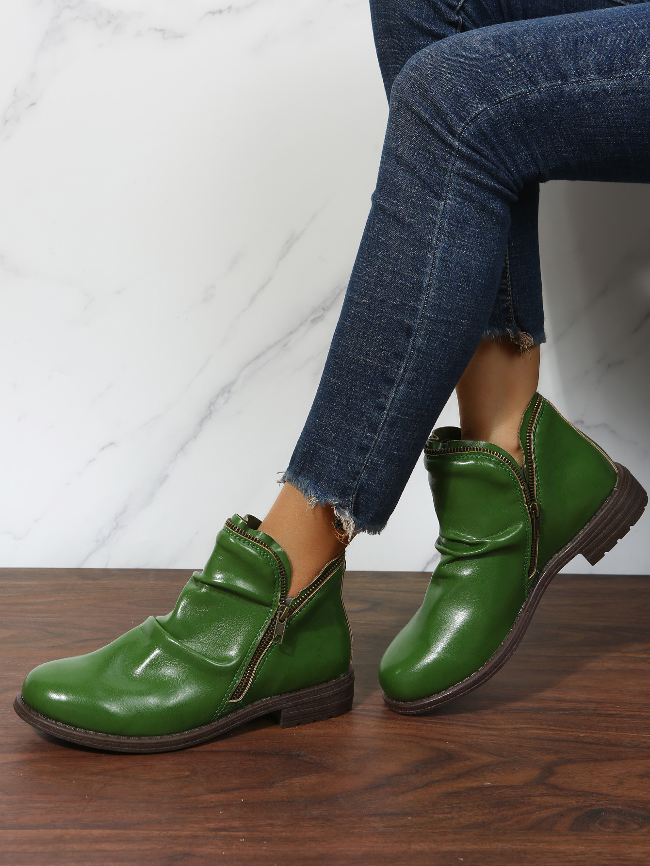 New low heel chunky round toe double zipper boots for women_voghion.com