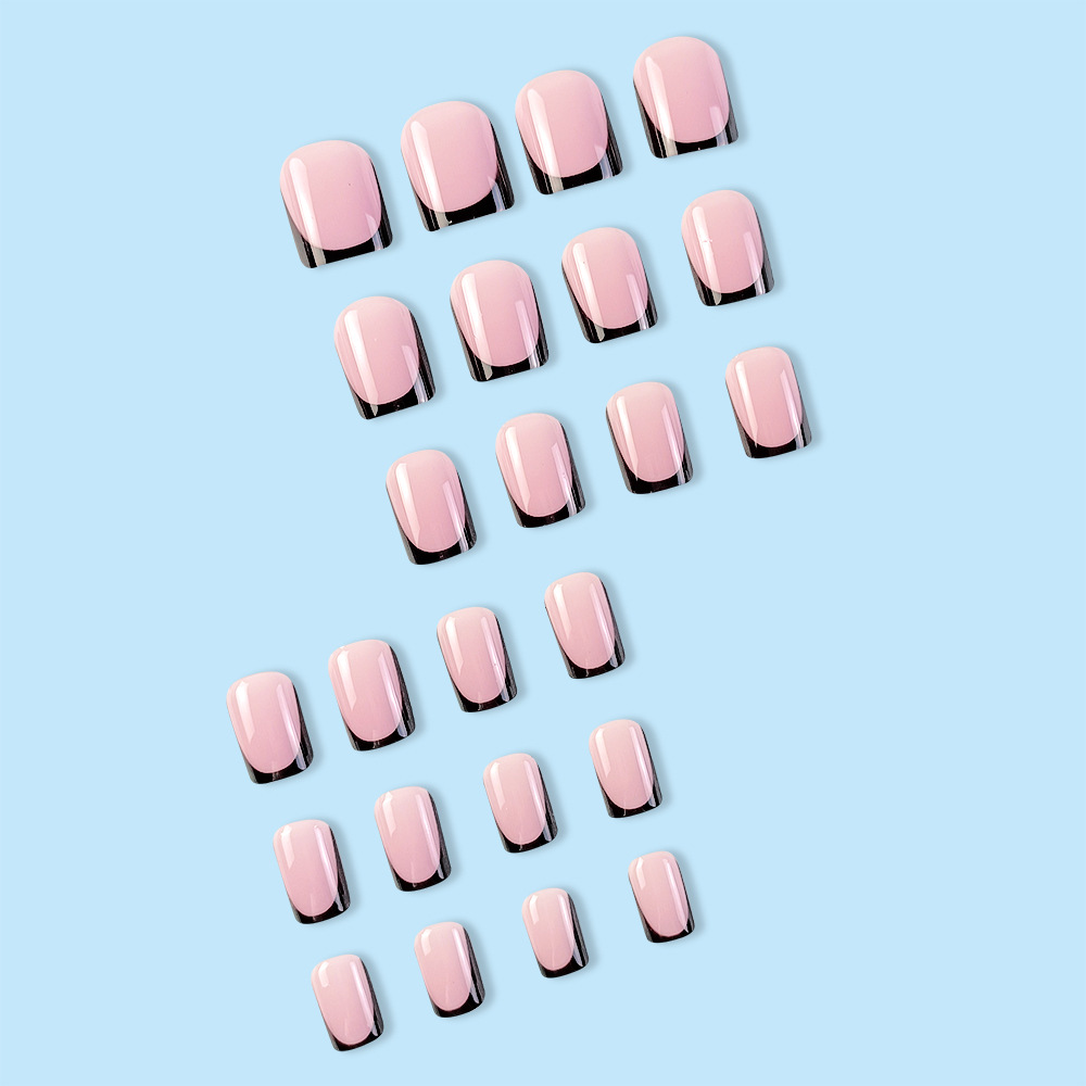 Uñas postizas cortas de punta plana, set de 24 piezas, serie rosa con bordes negros, pegatinas de uñas estilo francés de gran venta para ventas transfronterizas. image 5