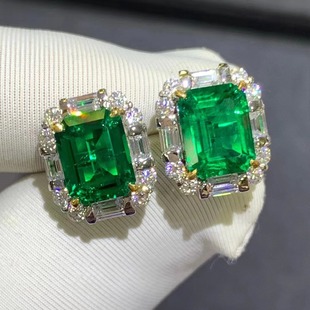 9K Colombian Green Ear Stud Carat Cultivated Emerald with GRC Large Certificate Sterling Silver French Light Luxury High Earrings