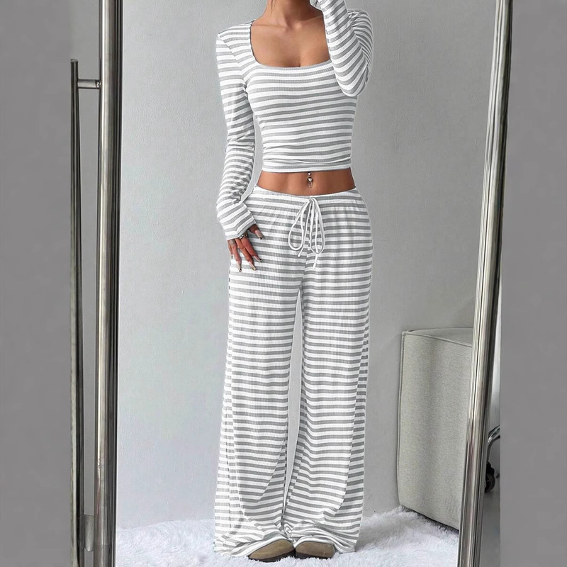 ヨーロッパとアメリカのクロスボーダーAmazon TK2025新しい女性のストライププルオーバー長袖+巾着ワイドレッグパンツスーツのリアルショット|undefined