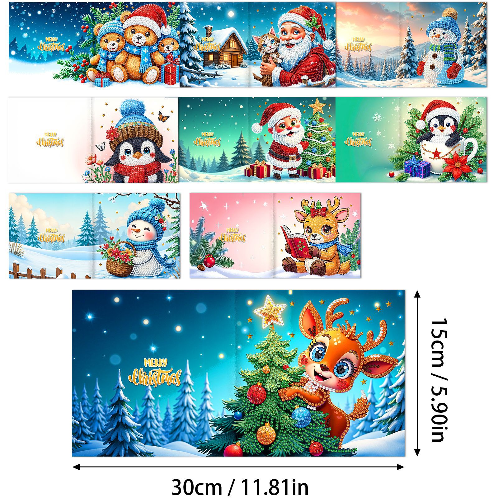 Explosiones transfronterizas de Navidad multiserie de tarjetas de felicitación puntuales hechas a mano 9 conjuntos de sobre de diamante 6 conjuntos de dibujos animados