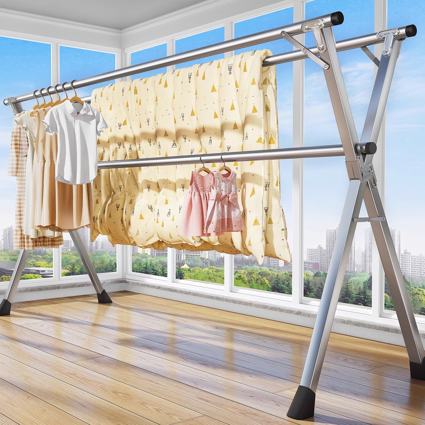 Jiabanshou 2025 Clothes Drying Rack, Floor-Standing Foldableing Household Balcony Outdoor Retractable Clothes Drying Rod, Indoor Quilt Drying Artifact