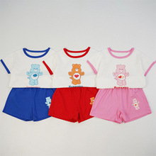 彩虹熊中小童短袖T恤女童上衣圆领夏季棉卡通儿童半袖兄妹套装