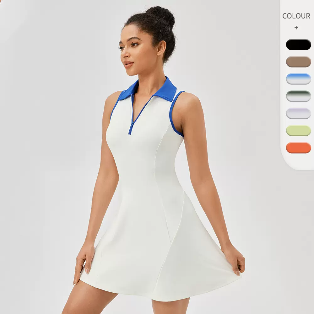 欧美翻领连体网球裙女速干透气收腰撞色运动休闲健身连衣裙42157