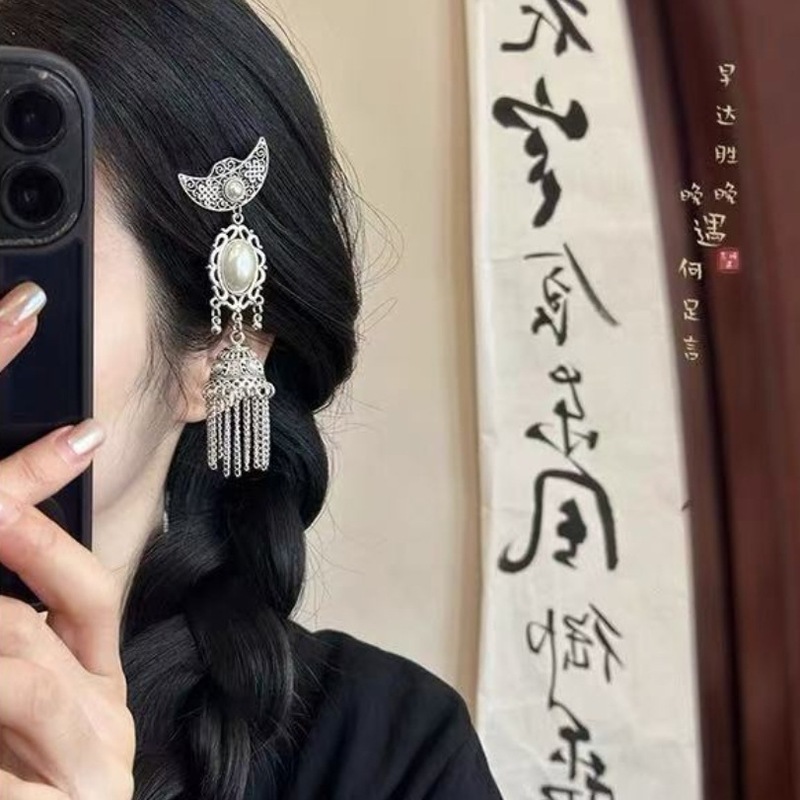 民族风月牙铃销发夹女夹子感精致发饰发卡古风头饰鸭嘴夹卡子|undefined