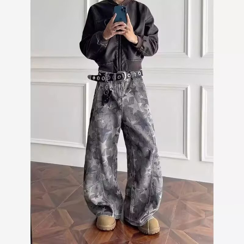 American Retro Washed Scimitar Star Full Print Jeans for Men, Wide-Leg Cleanfit High Street Slimming Pants Trendy