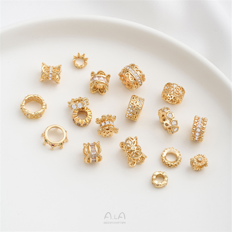 強保色14k包金入れジルコン大穴隔珠路通レース両面花托クラウンdiyビーズ部品|undefined