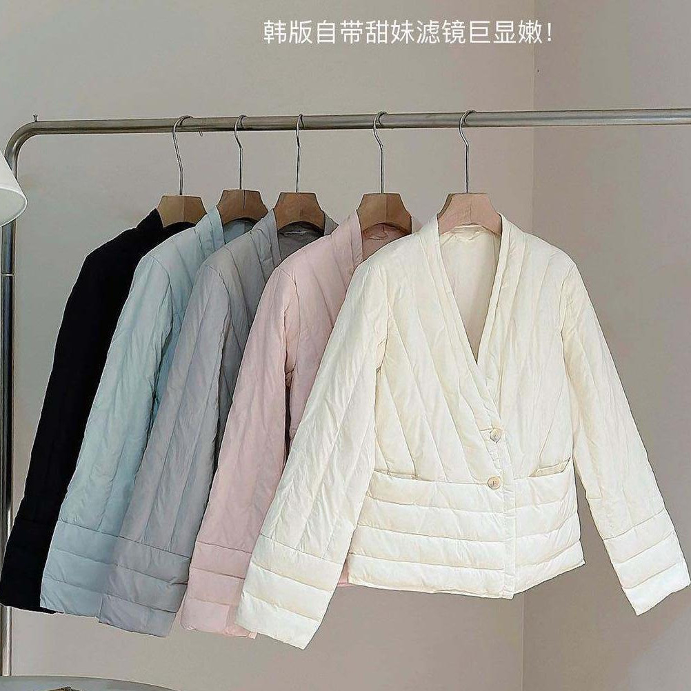 Cross-Border Tiktok White Duck down Jacket Women's Short Lightweight Liner Korean Style Warm V Neck Casual Jacket Outer