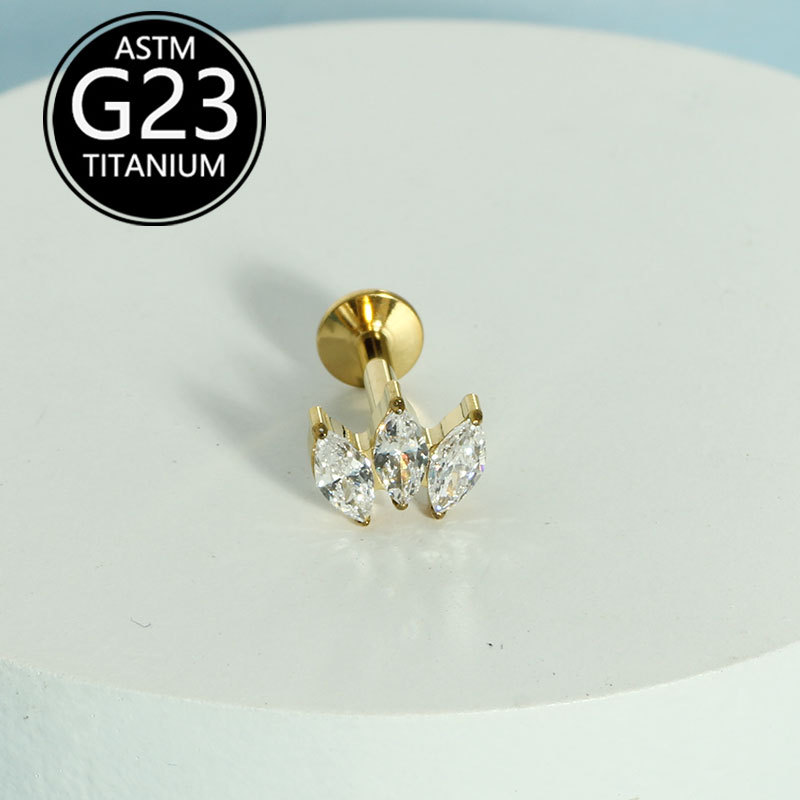 F136 Titanium Three Marquise Diamond Super Flash Zircon Earrings Lip Nails Cross Border G23 Titanium Body Piercing Jewelry detail image 7