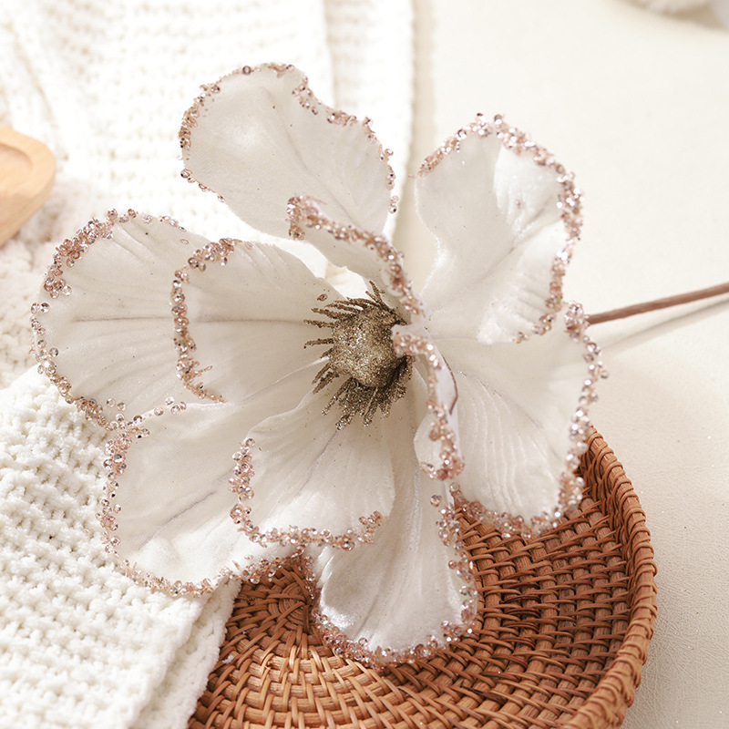 Nuevos productos transfronterizos de 25cm flores de Navidad vino blanco polvo brillante de alto grado simulación de flores hechas a mano decoraciones de Navidad