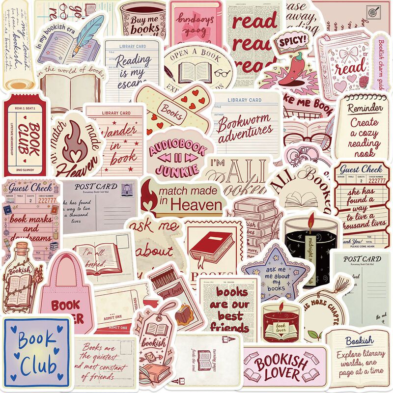 50 Cartoon Bookish Aesthetic Cross-Border New Product Stickers for Decorating Luggage, Water Bottles, Phone Cases, Waterproof Decals