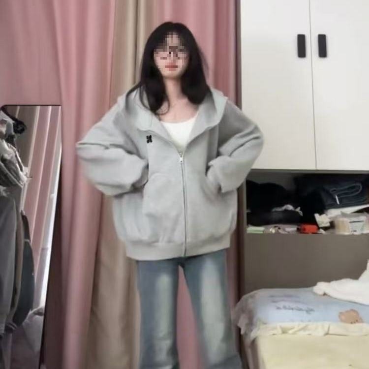 【仿华棉复合】设计感高街灰色连帽高领开衫卫衣女宽松气质百搭外|undefined