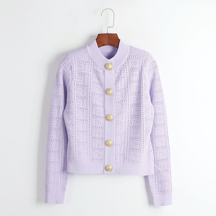 Spring New Style Chanel Style Taro Purple Top Round Neck Sweater Cardigan Short Hollow Crochet Knitted Gold Button Jacket