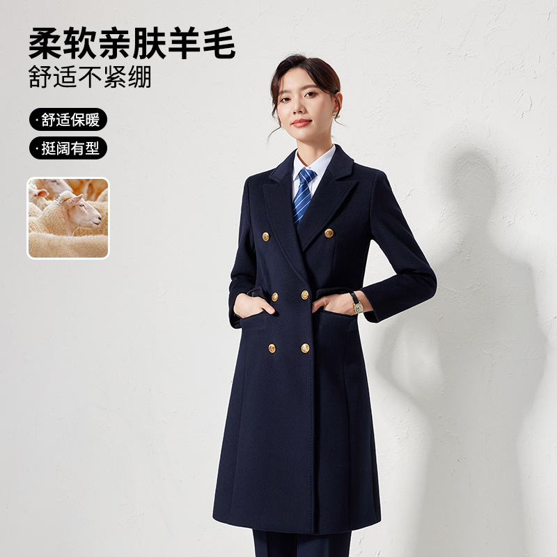 秋冬新款毛呢大衣女中长款时尚双排扣羊绒大衣售楼部酒店前台工装