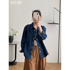 韩系高级纯色明线口袋贴布水洗牛仔衬衫女小个子上衣衬衣外套ZLG8