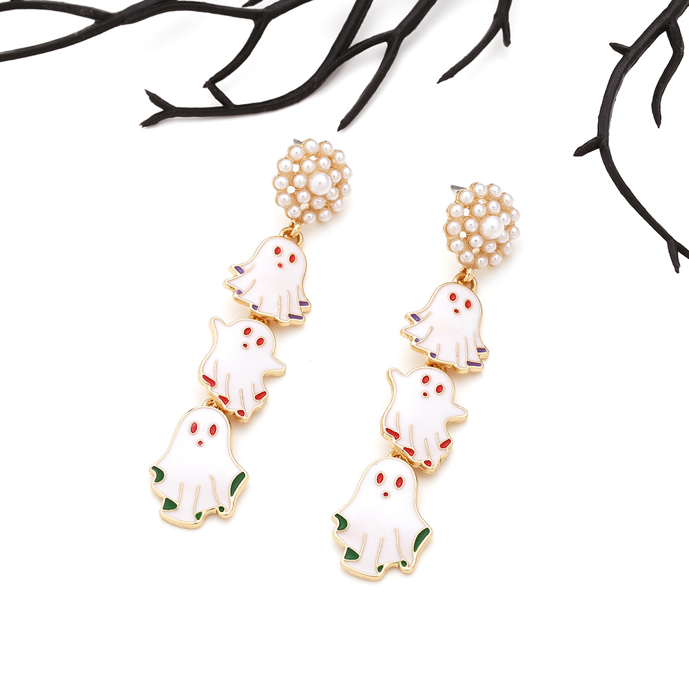 1 Pair Quantity Party, Carnival, Street Occasion 1 Pair Halloween Hip-Hop Funny Ghost Enamel Plating Inlay Alloy Artificial Pearls Drop Earrings