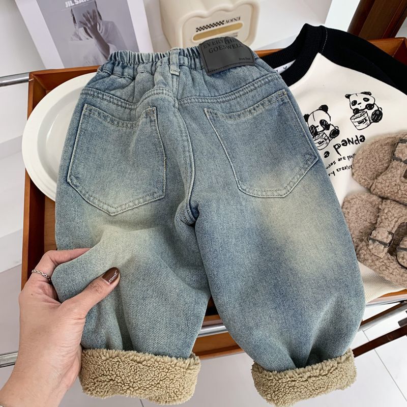 Children's Fleece-Lined Jeans Winter Fashion Thickened Integrated Fleece Long Pants Loose Stylish Warm Pants Trendy 0131A009