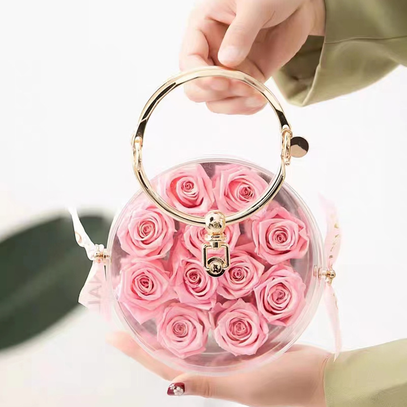 Caja de regalo de amor portátil de espejo personalizado al por mayor flores CD caja de flores de acrílico transparente caja de regalo de tapa de cesta de flores