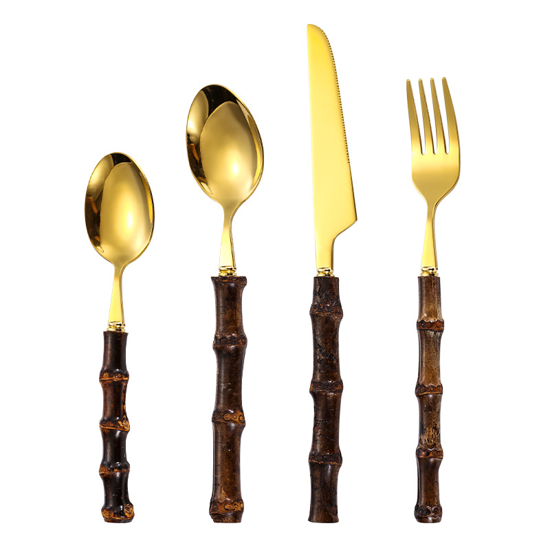 Conjunto de cubiertos transfronterizos mango de bambú natural cuchillo y tenedor cuchara creativa cuchillo y tenedor de acero inoxidable hotel conjunto de regalo