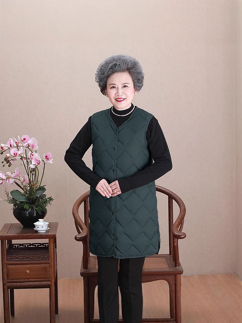 Chaleco de mediana edad y ancianos, ropa de madre, chaqueta de plumón de cuello redondo ligero, forro, chaleco, chaleco cálido de gran tamaño para mujer, chaleco, marea