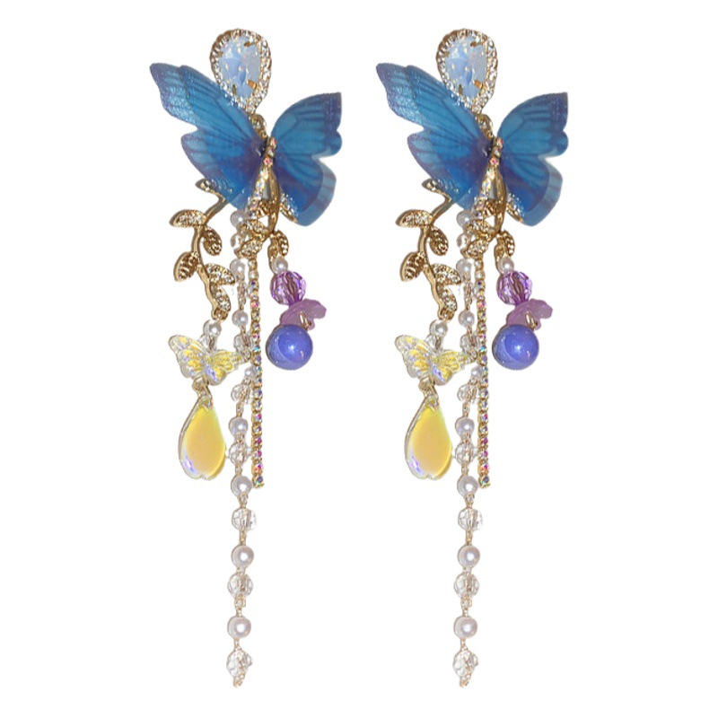 Aguja de plata diamante cristal malla mariposa perla pendientes borla larga Super Fairy pendientes de alta calidad para las mujeres