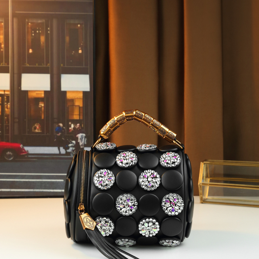 Trendige Damen-Tragetasche mit Strassverzierungen und Polka-Dots, mehrere Fächer, Retro-Schultertasche im Boston-Stil aus PU-Leder_voghion.com