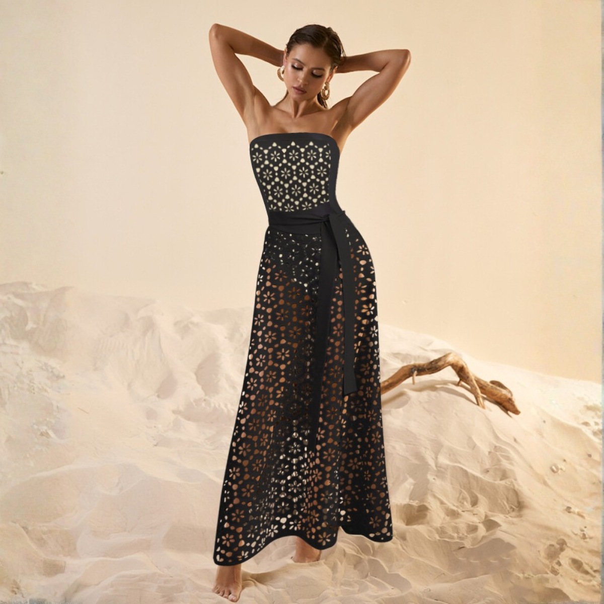 Costume da bagno nero senza spalline da donna, elegante completo con design traforato, abito lungo sexy per le terme._voghion.com
