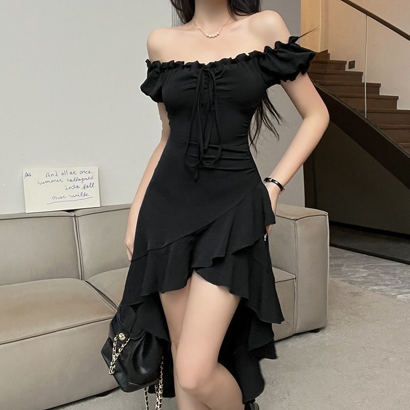 黒のフリル不規則なスカートの女性の夏の新しいワンショルダードレスウエストセクシーな気質スカート女性|undefined