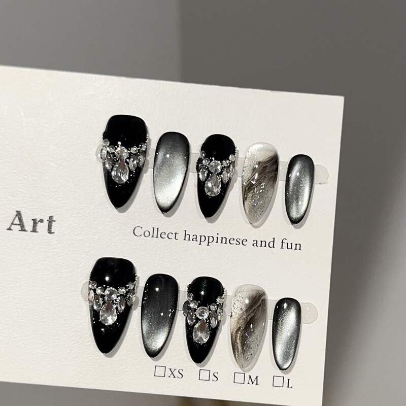 Purely Handmade Wearable Nails, High-End Dark Black Cat-Eye High-End Manicure Pieces, Accessible Luxury Diamond-Studded Fake Nail Patches