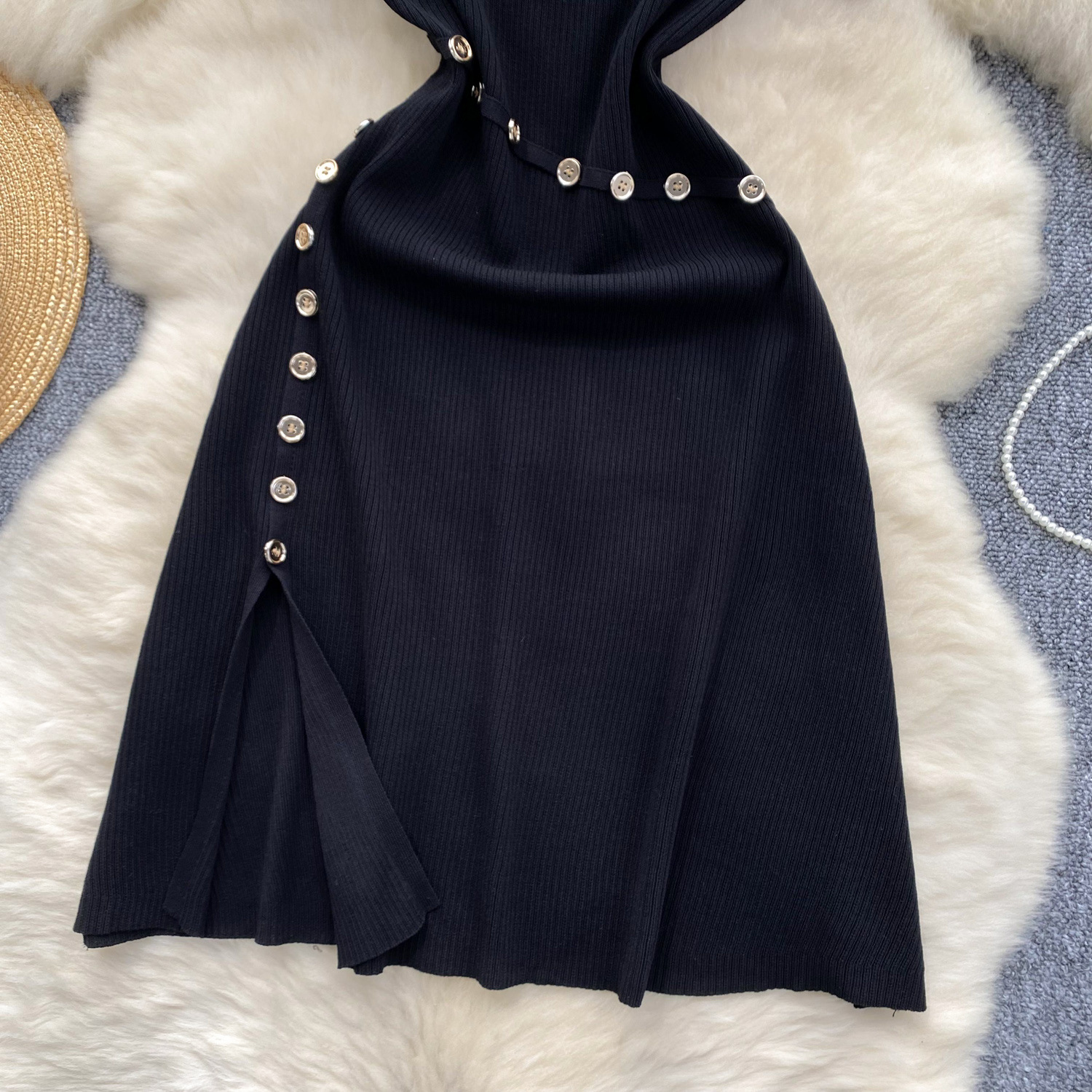 Women's Clothing Elegant High Neck Short Sleeved Women's Knit Dress Button Down Design Slimming Waistline Slit For Stylish Occasions_ecoleips.com
