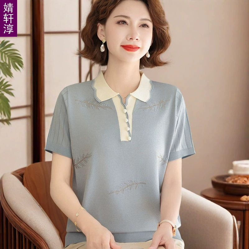 Мама летняя одежда 2025 новый ледяной шелк футболки с отворотом топ для пожилых женщин с короткими рукавами трикотажный модный набор