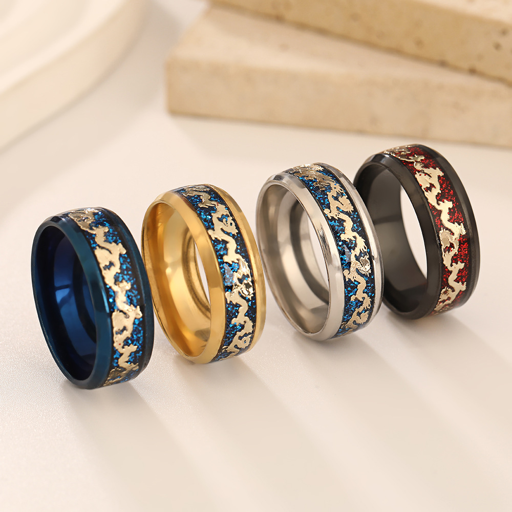 Titanium Steel Men's High-End Cross-Border Hot-Selling Retro Chinese Dragon Ring Chinese Dragon Stainless Steel Jewelry Hand Jewelry Wholesale