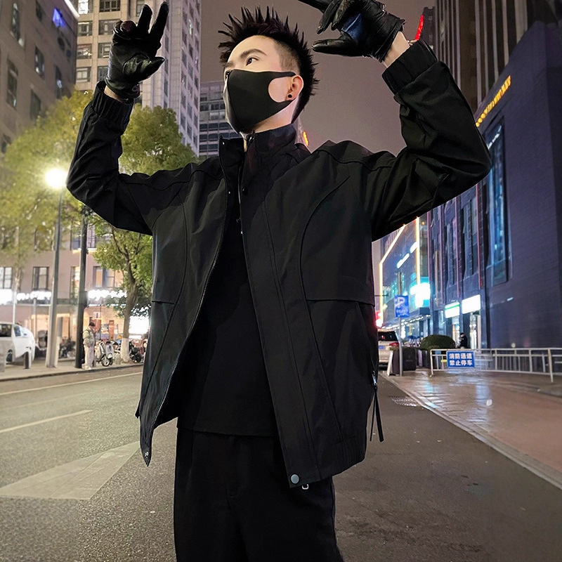 立领夹克男春秋季潮牌痞帅工装黑色拉炼外套新款休闲上衣男装褂子|undefined
