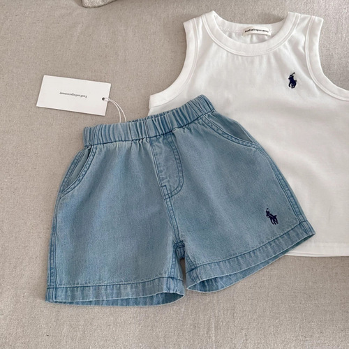 Children's denim shorts thin version 2025 summer model unisex kids color five-quarter pants trendy brand baby boy's stylish girl's pants