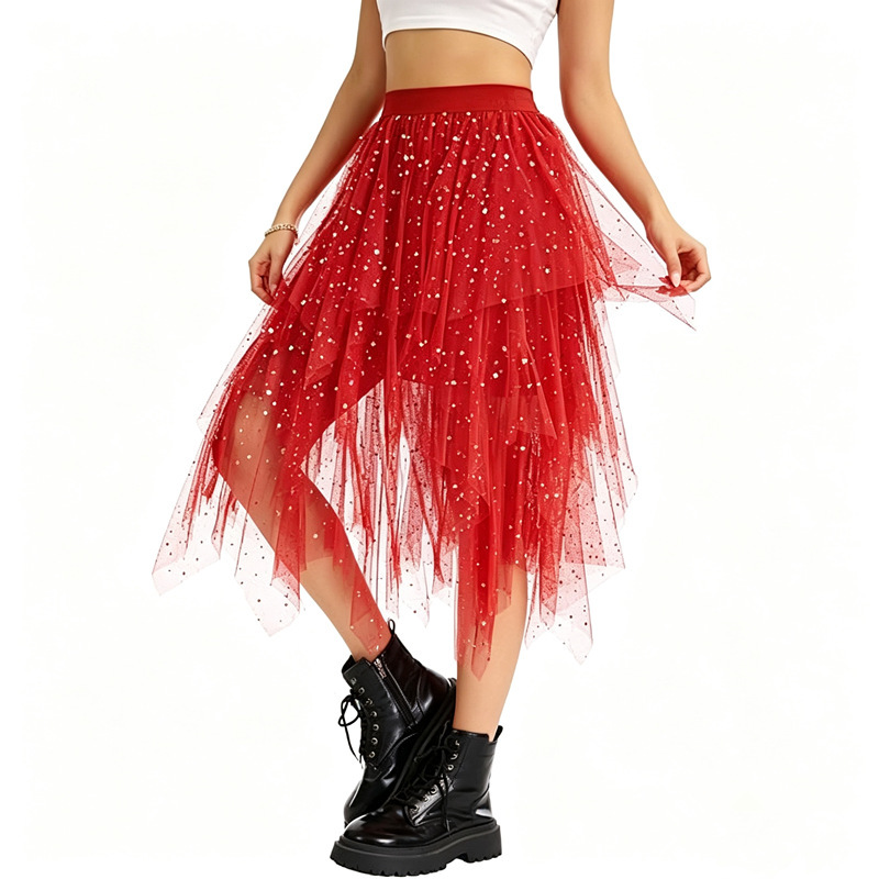 Women's Tulle Skirt Sequin High-Low Irregular A-Line Mid-Length Fluffy Mesh Skirt Fairy Puffy Skirt Women's Tulle Skirt Sequin High-Low Irregular A-Line Mid-Length Fluffy Mesh Skirt Fairy Puffy Skirt