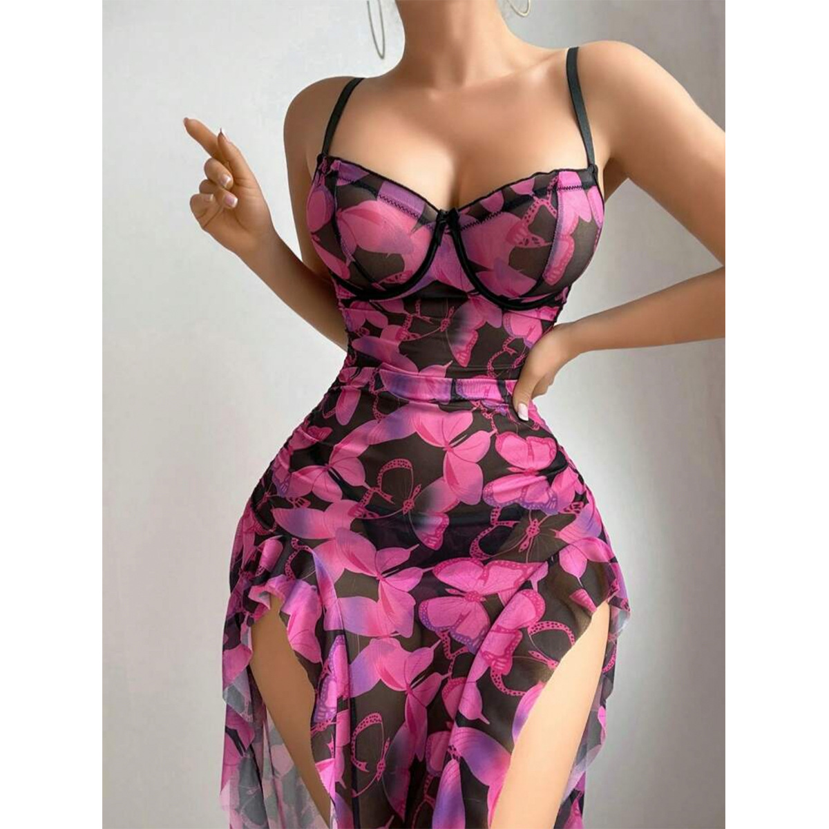 Cross-Border European and American Women's Seductive Long Dress Ins Pure Desire Wrinkled Sexy Hot Girl Camisole Sexy See-Through Pajama Set