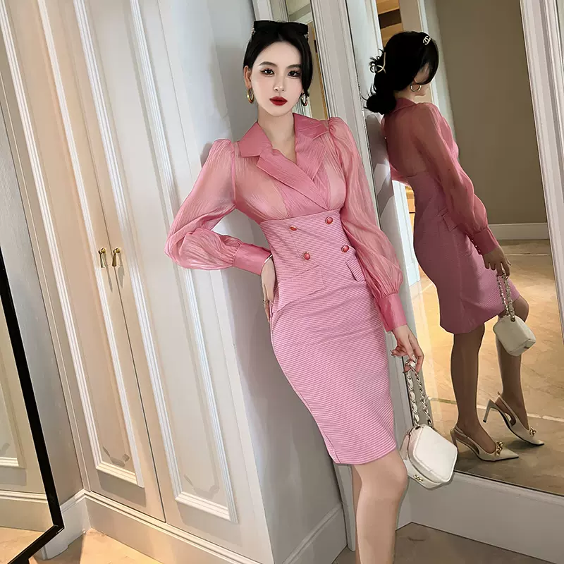 2025秋季新款优雅气质修身职业OL通勤女包臀格纹长袖连衣裙20185