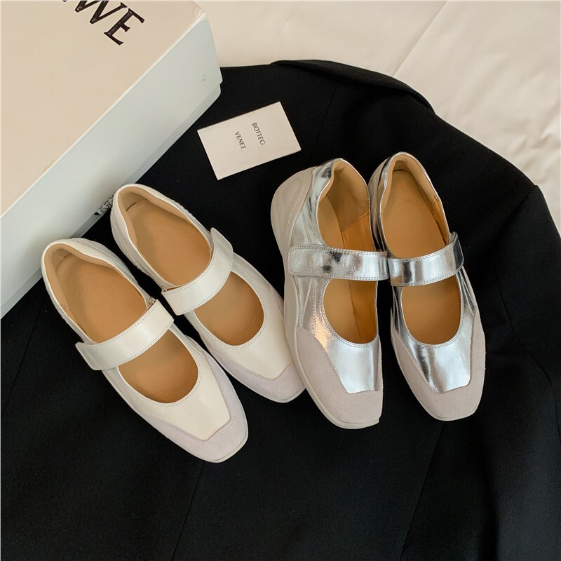 Genuine Leather 5cm Platform Soft Bottom Velcro silver Mary Jane Shoes Casual Sports Ballet Shoes Women's Small Leather Shoes