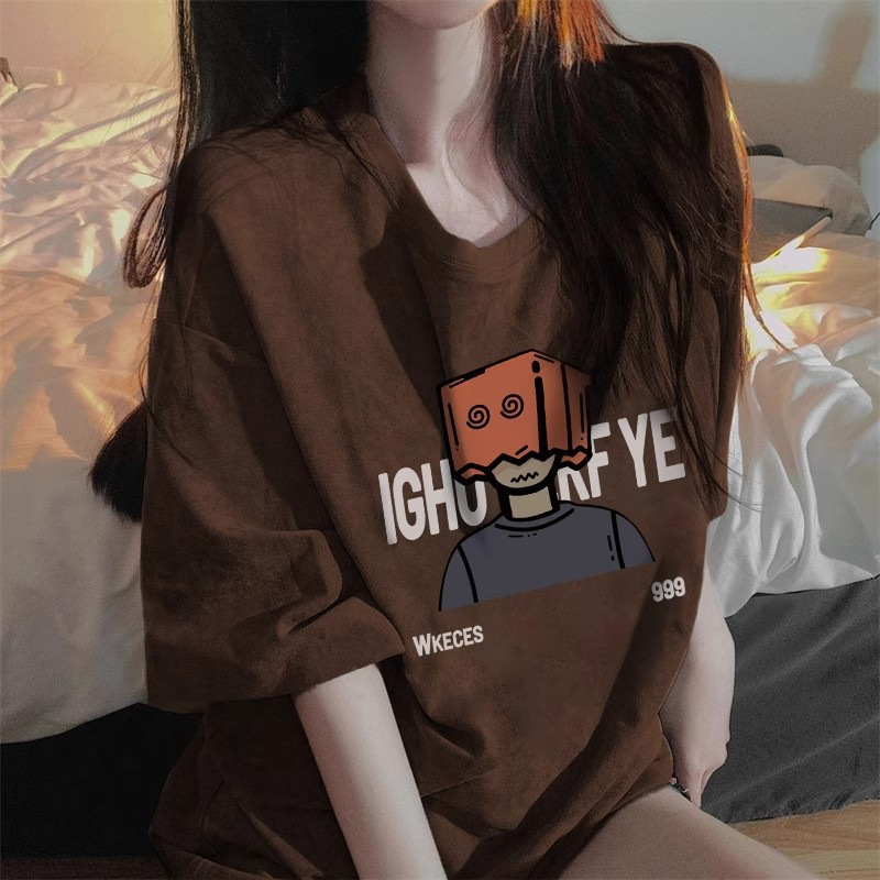 Brown Cotton Short-sleeved T-shirt Women's 2024 New American Retro oversize Lazy Style Half-sleeved Top Spring and Summer
