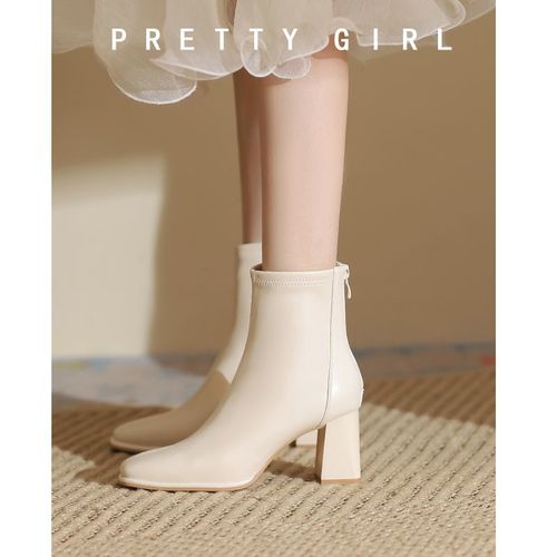 Korean-style college wind high-heeled ankle boots for autumn and winter, white skinny boots, French square-toe chunky heel Martin boots