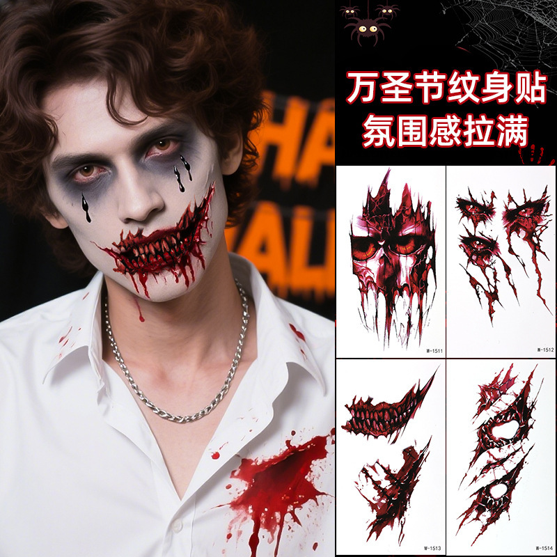 Cross-Border New Halloween Tattoo Stickers Waterproof High-End Realistic Fake Scar Temporary Makeup Face Stickers for Men and Women Customized