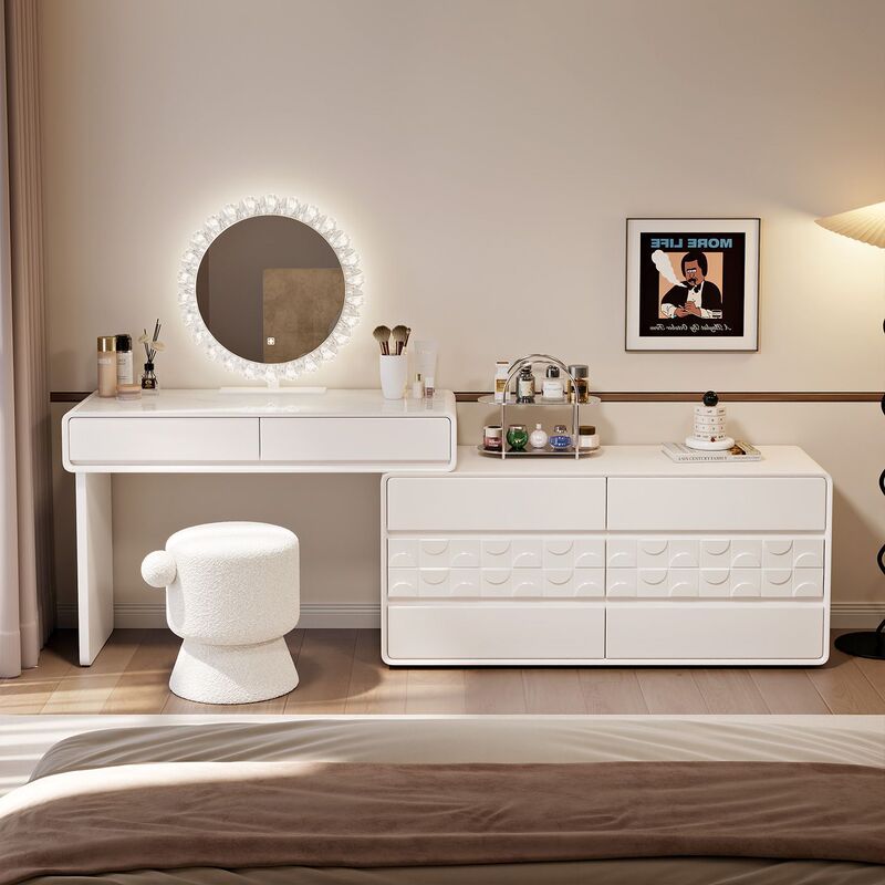 Light Luxury Style White Integrated Dressing Table and Cupboard Combination with Lighted Makeup Mirror Internet Celebrity Makeup Table 2025 New Makeup Table