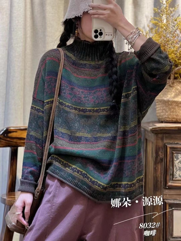 Retro Printed Half Turtleneck Cotton Sweater Women's Autumn New Loose Large Size Pullover Non-Pilling Bottoming Knitted Sweater Retro Printed Half Turtleneck Cotton Sweater Women's Autumn New Loose Large Size Pullover Non-Pilling Bottoming Knitted Sweater